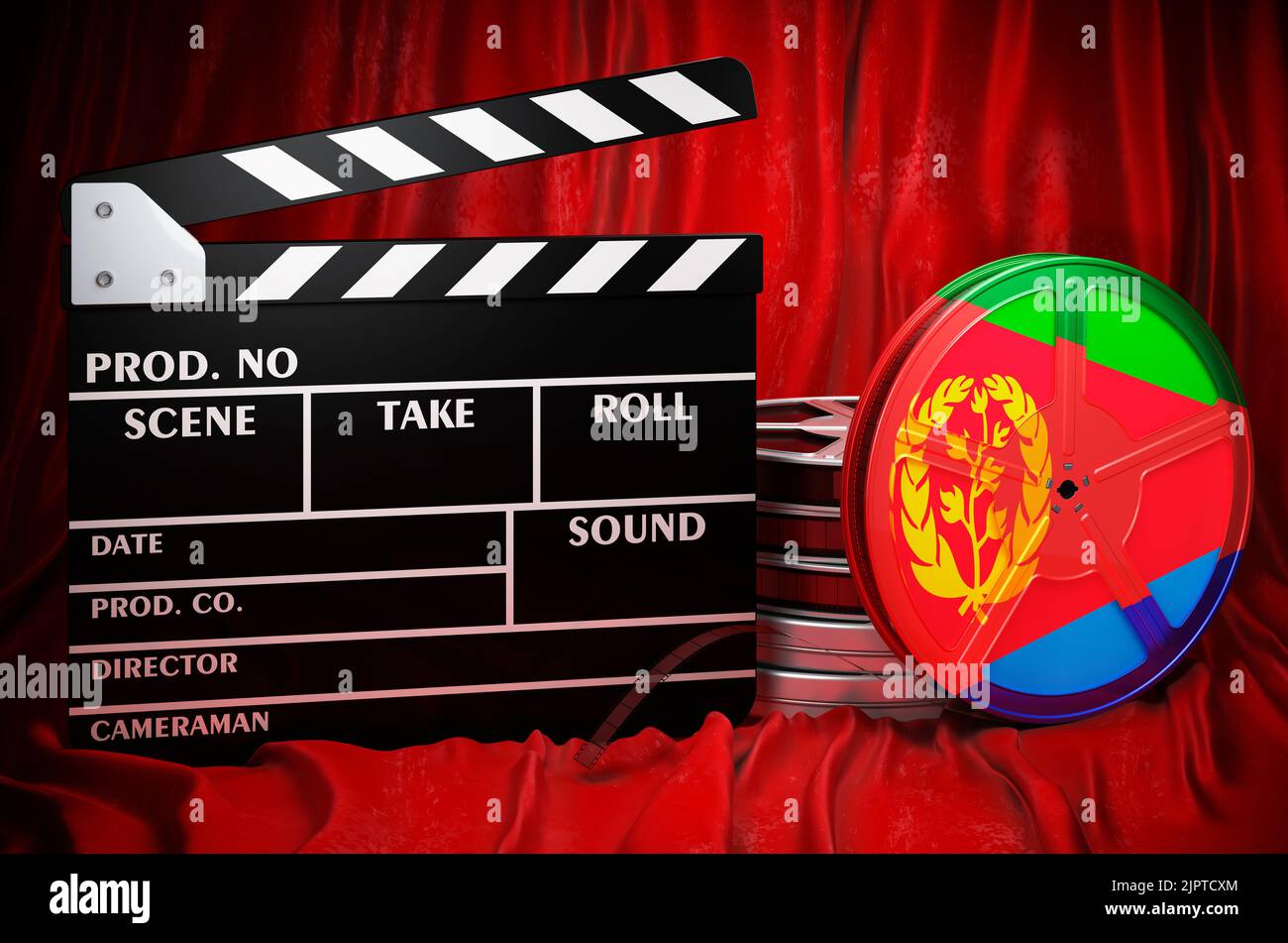 Eritreische Kinematographie, Filmindustrie, Kino in Eritrea, Konzept. Spanplatte mit und Filmrollen auf dem roten Stoff, 3D Rendering Stockfoto