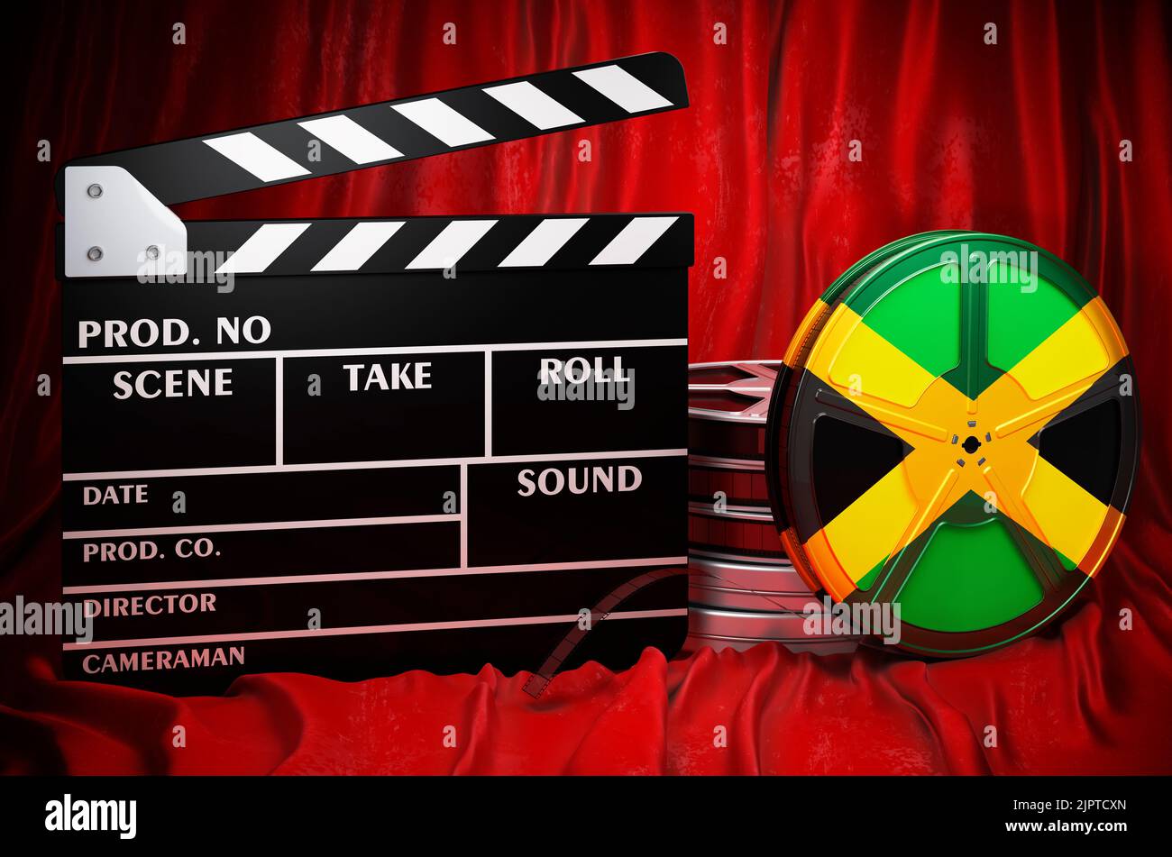 Jamaikanische Kinematographie, Filmindustrie, Kino in Jamaika, Konzept. Spanplatte mit und Filmrollen auf dem roten Stoff, 3D Rendering Stockfoto