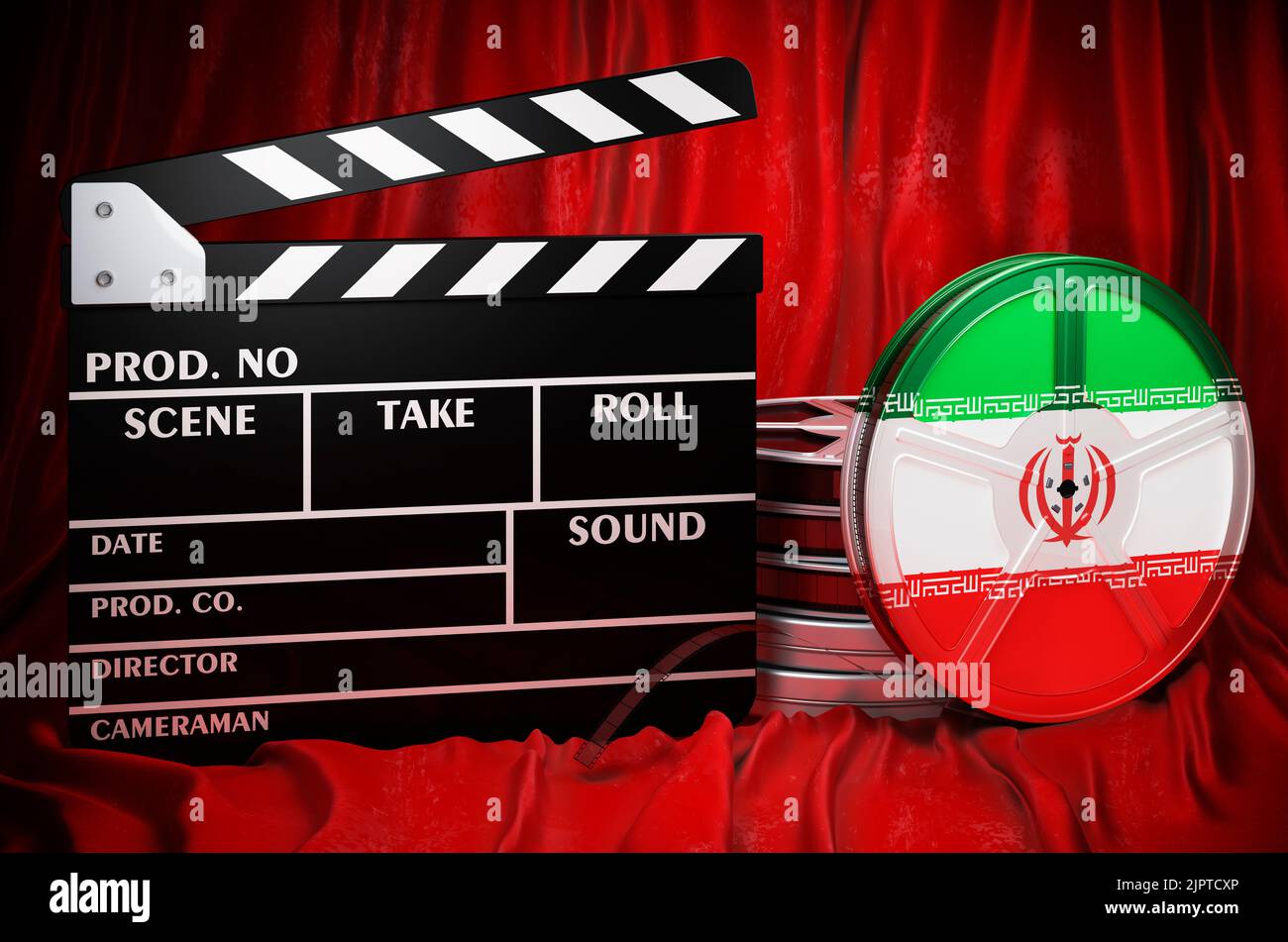 Iranische Kinematographie, Filmindustrie, Kino im Iran, Konzept. Spanplatte mit und Filmrollen auf dem roten Stoff, 3D Rendering Stockfoto
