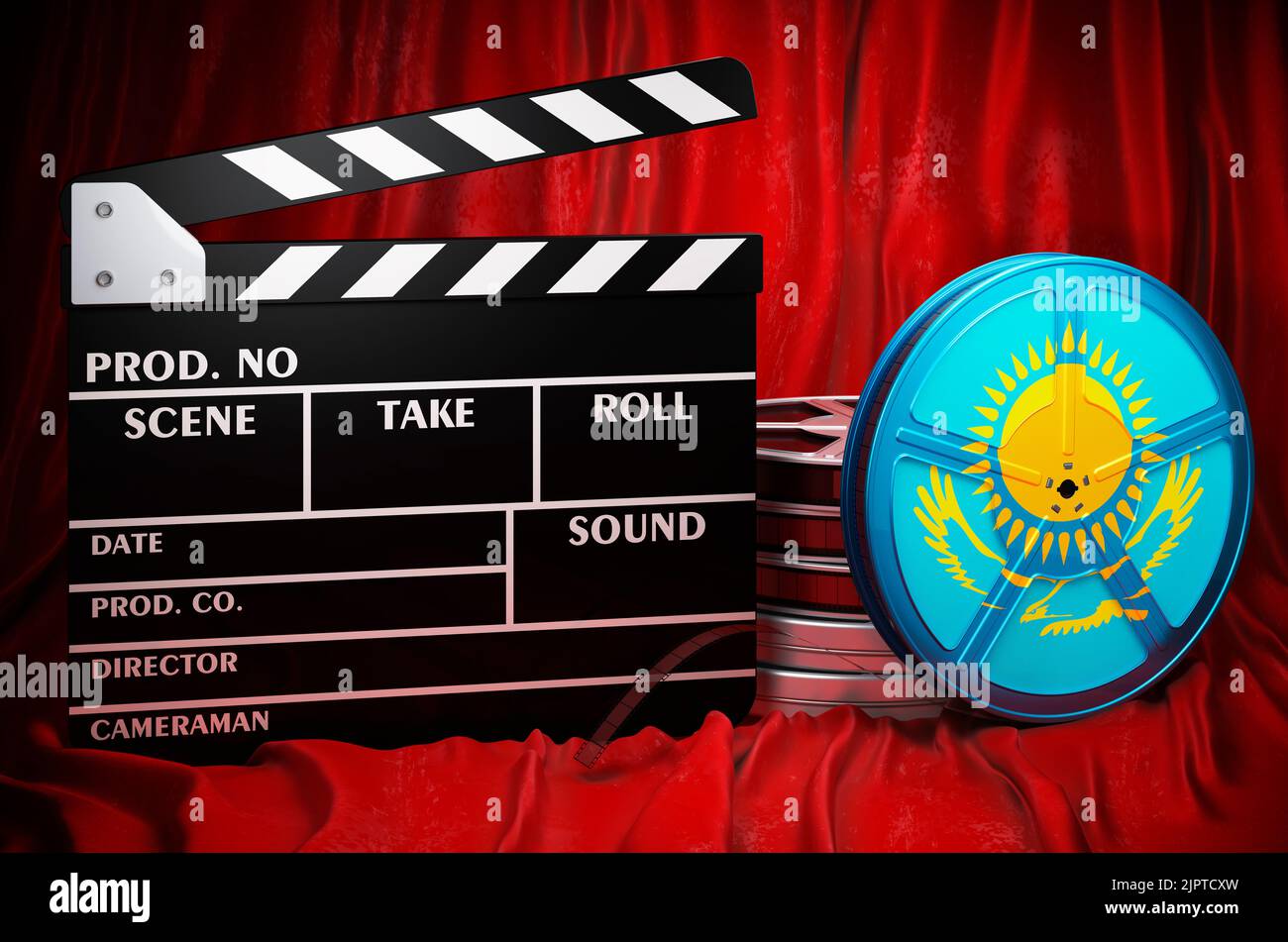 Kasachische Kinematographie, Filmindustrie, Kino in Kasachstan, Konzept. Spanplatte mit und Filmrollen auf dem roten Stoff, 3D Rendering Stockfoto