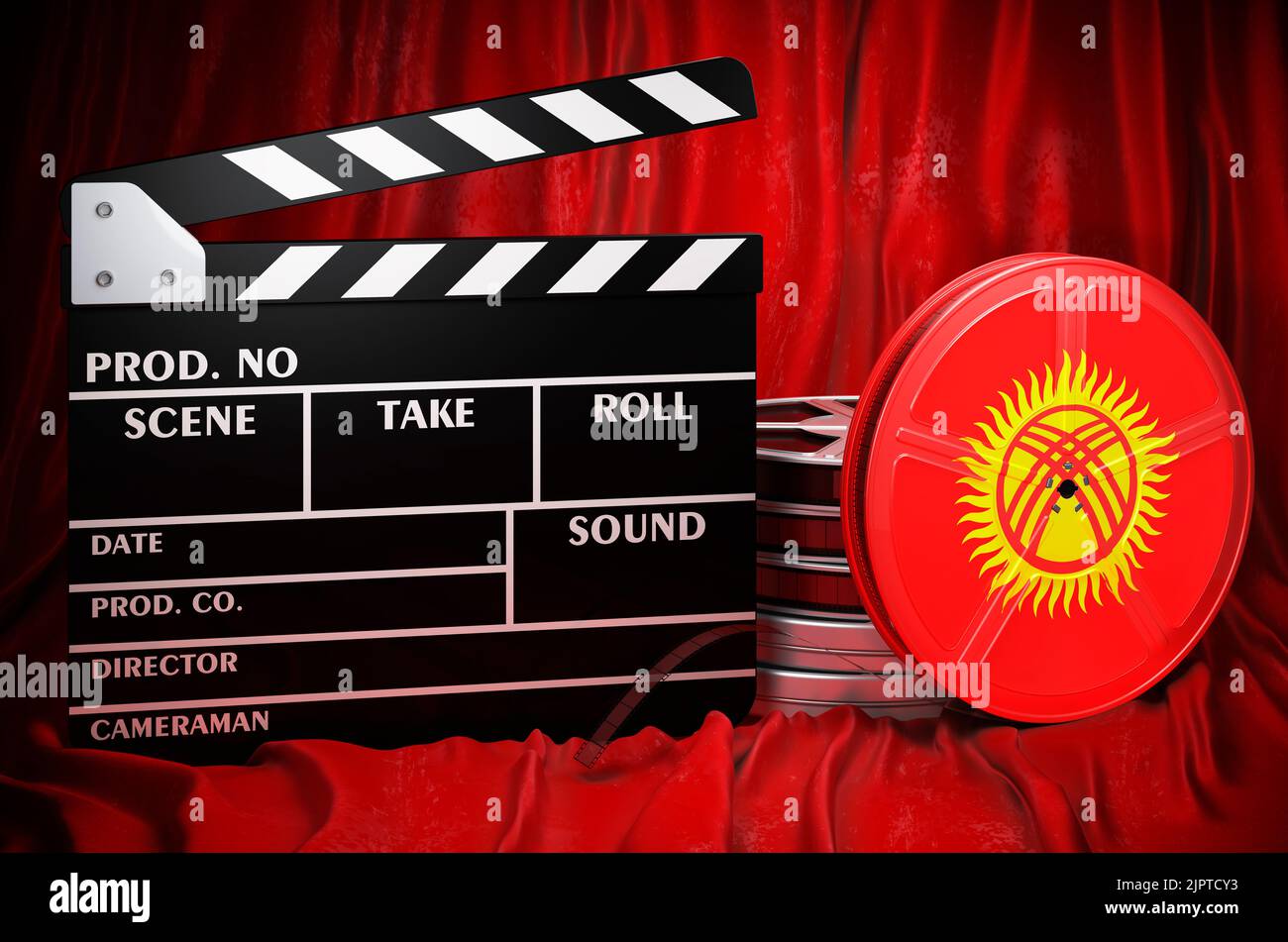 Kirgisische Kinematographie, Filmindustrie, Kino in Kirgisistan, Konzept. Spanplatte mit und Filmrollen auf dem roten Stoff, 3D Rendering Stockfoto