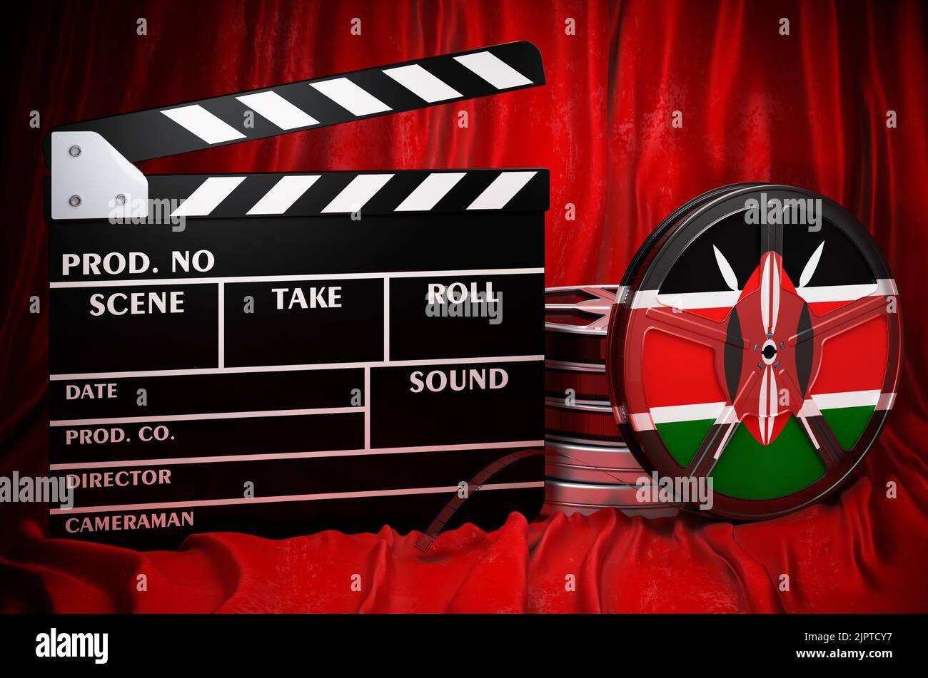 Kenianische Kinematographie, Filmindustrie, Kino in Kenia, Konzept. Spanplatte mit und Filmrollen auf dem roten Stoff, 3D Rendering Stockfoto