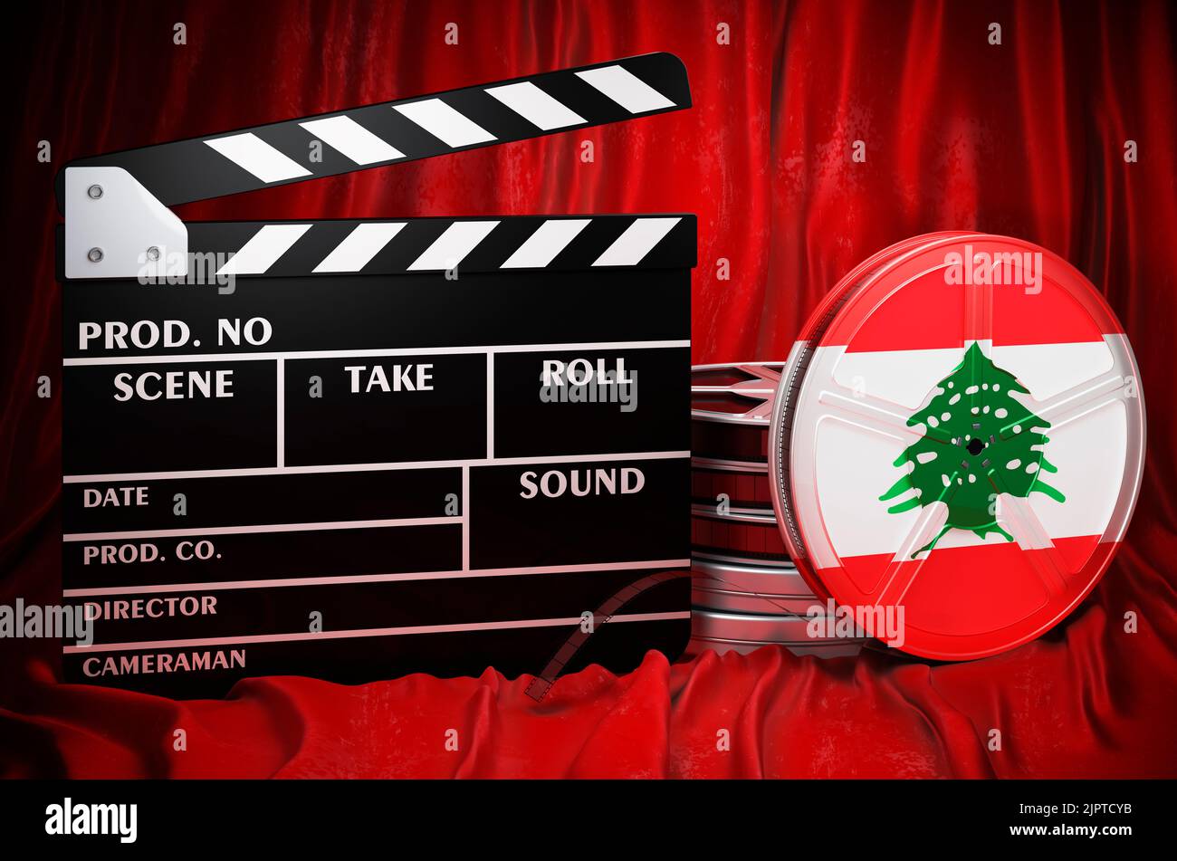 Libanesische Kinematographie, Filmindustrie, Kino im Libanon, Konzept. Spanplatte mit und Filmrollen auf dem roten Stoff, 3D Rendering Stockfoto