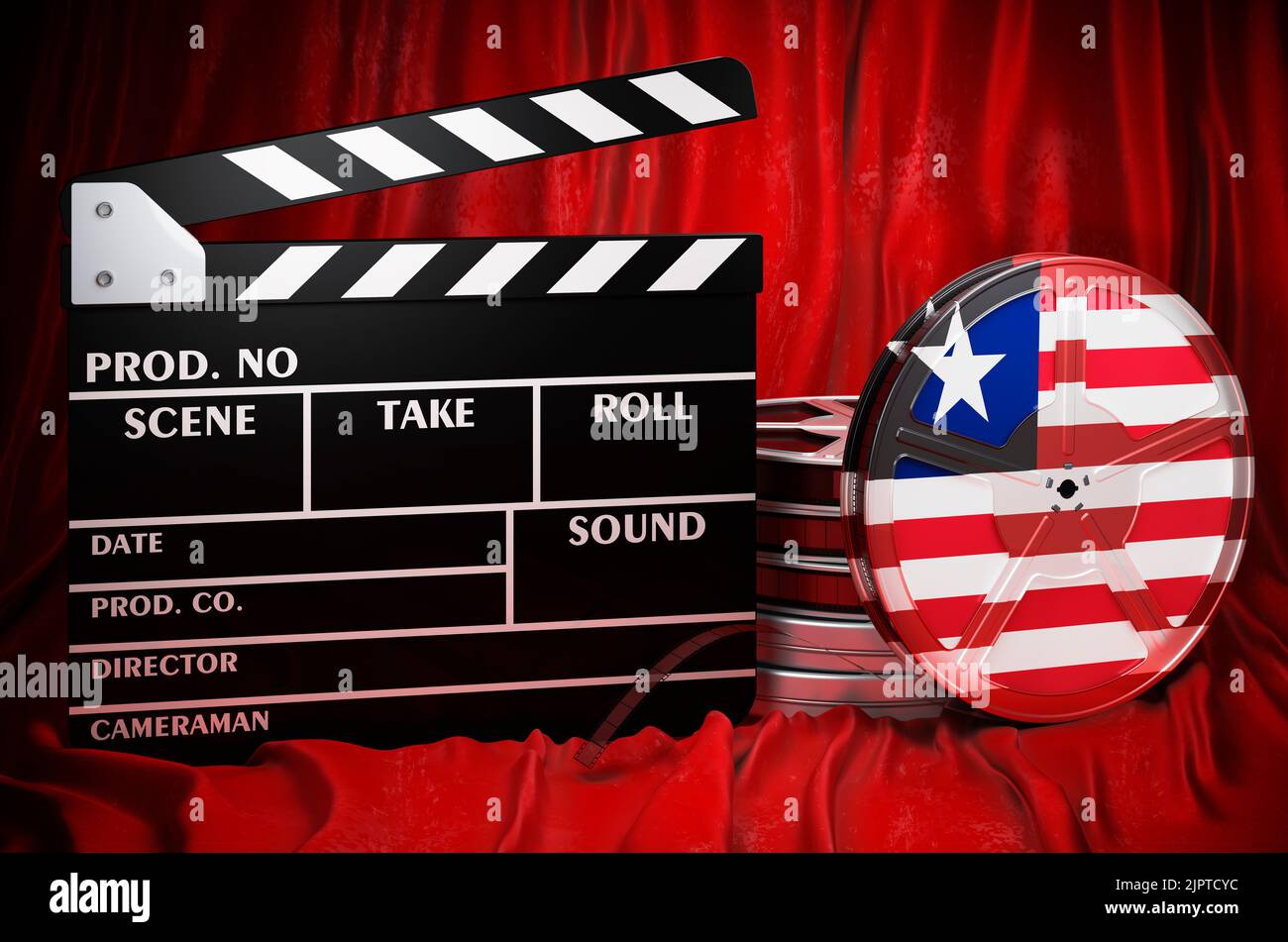 Liberianische Kinematographie, Filmindustrie, Kino in Liberia, Konzept. Spanplatte mit und Filmrollen auf dem roten Stoff, 3D Rendering Stockfoto