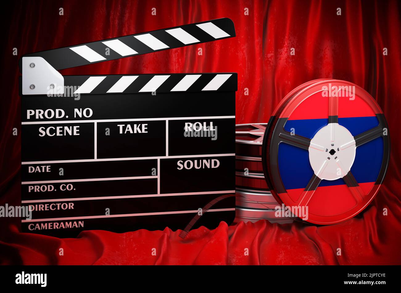 Laotische Kinematographie, Filmindustrie, Kino in Laos, Konzept. Spanplatte mit und Filmrollen auf dem roten Stoff, 3D Rendering Stockfoto