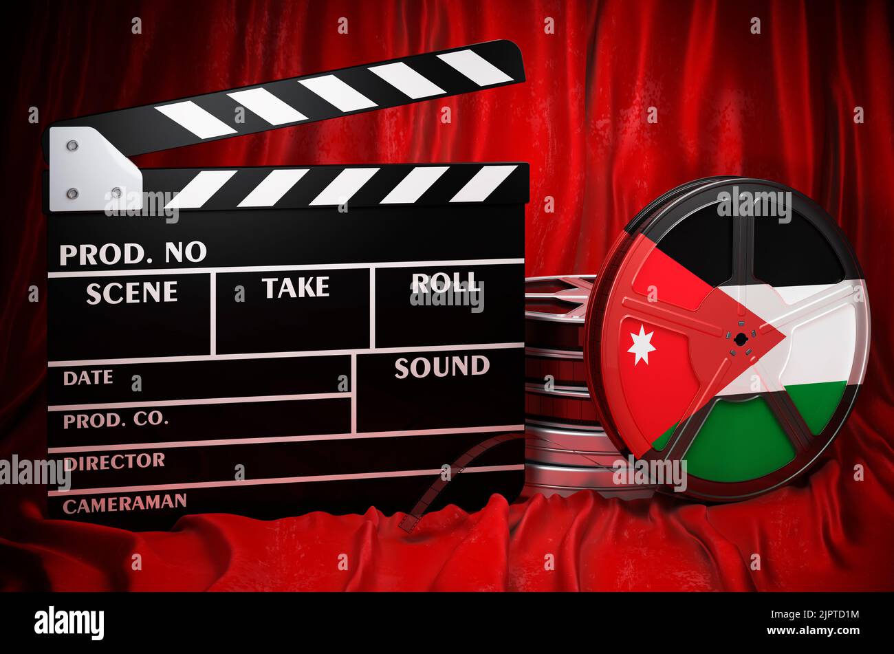 Jordanische Kinematographie, Filmindustrie, Kino in Jordanien, Konzept. Spanplatte mit und Filmrollen auf dem roten Stoff, 3D Rendering Stockfoto