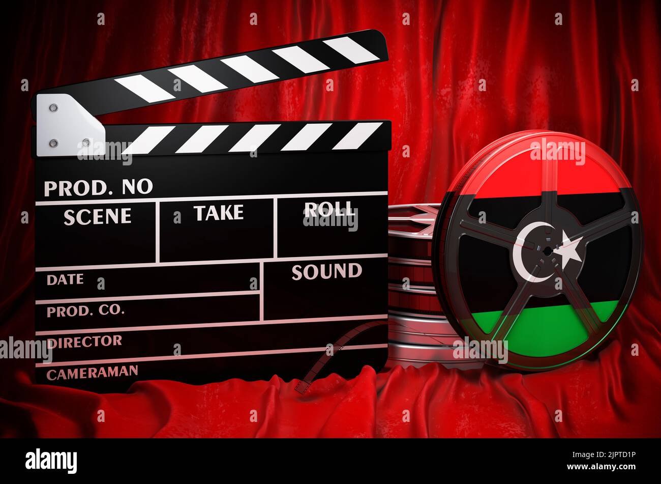 Libysche Kinematographie, Filmindustrie, Kino in Libyen, Konzept. Spanplatte mit und Filmrollen auf dem roten Stoff, 3D Rendering Stockfoto