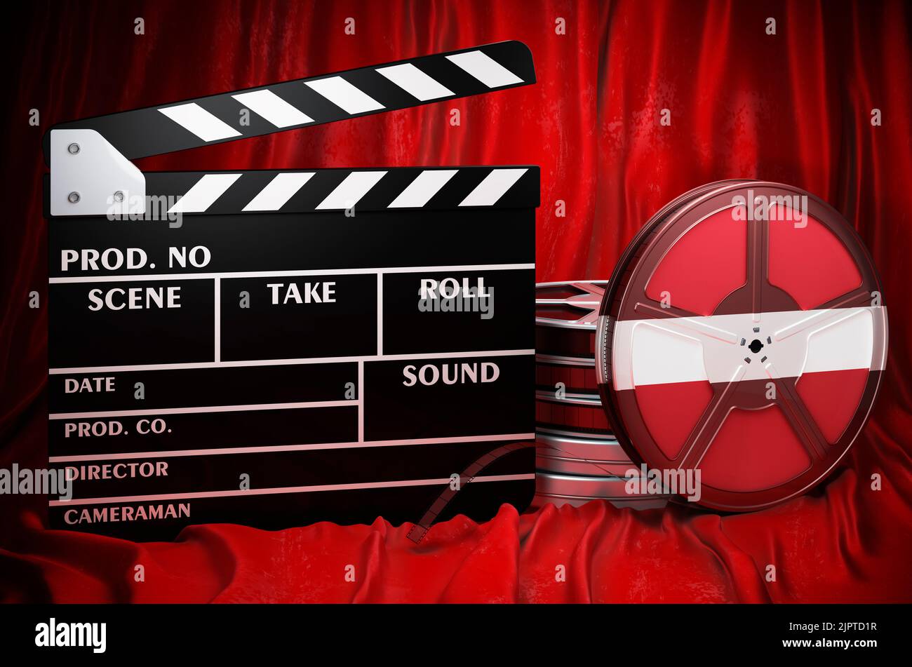Lettische Kinematographie, Filmindustrie, Kino in Lettland, Konzept. Spanplatte mit und Filmrollen auf dem roten Stoff, 3D Rendering Stockfoto