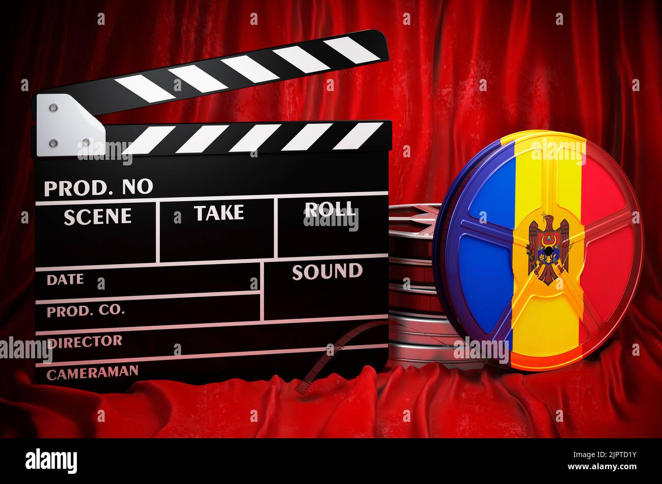 Moldauische Kinematographie, Filmindustrie, Kino in Moldawien, Konzept. Spanplatte mit und Filmrollen auf dem roten Stoff, 3D Rendering Stockfoto