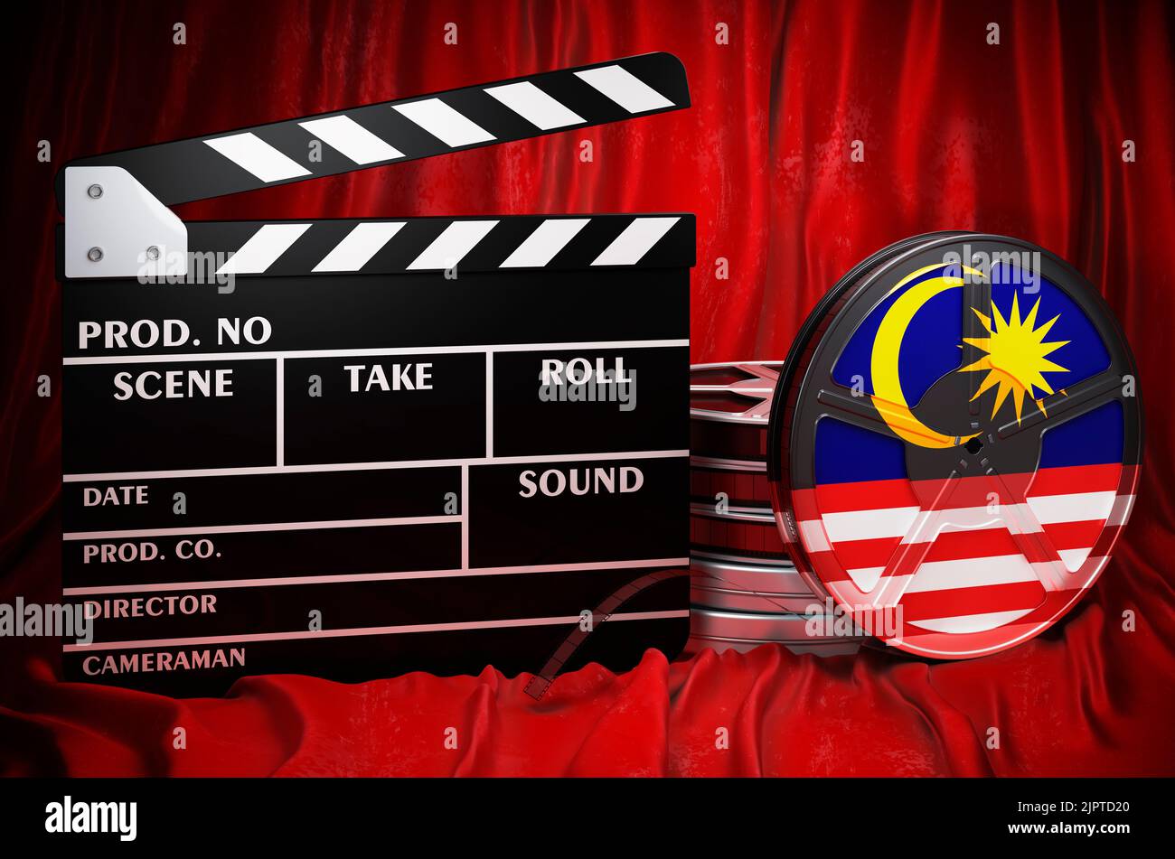 Malaysische Kinematographie, Filmindustrie, Kino in Malaysia, Konzept. Spanplatte mit und Filmrollen auf dem roten Stoff, 3D Rendering Stockfoto