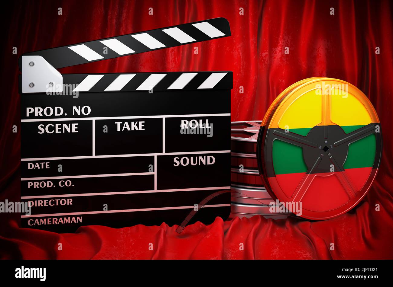 Litauische Kinematographie, Filmindustrie, Kino in Litauen, Konzept. Spanplatte mit und Filmrollen auf dem roten Stoff, 3D Rendering Stockfoto