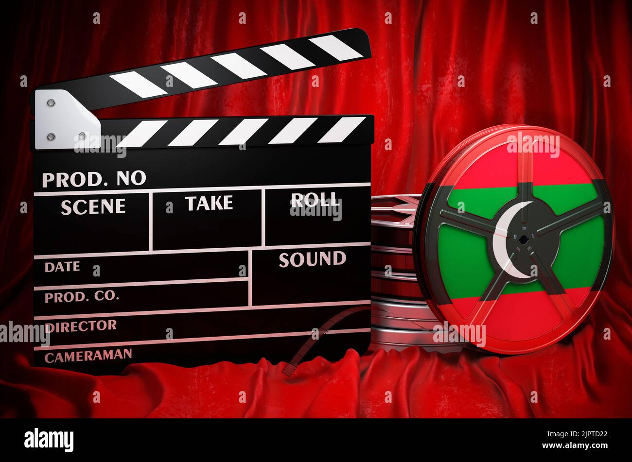 Maledivische Kinematographie, Filmindustrie, Kino auf den Malediven, Konzept. Spanplatte mit und Filmrollen auf dem roten Stoff, 3D Rendering Stockfoto