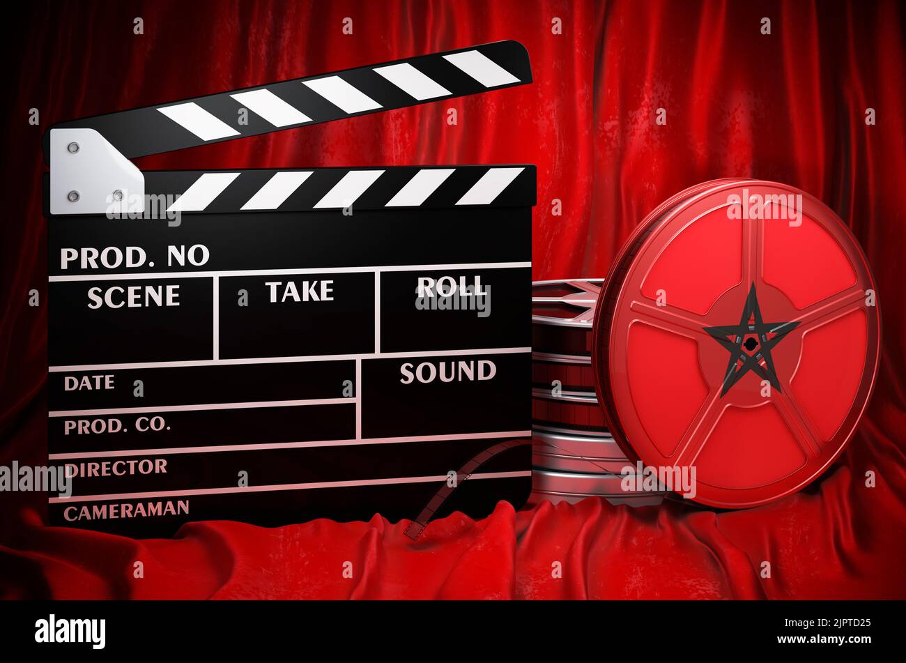 Marokkanische Kinematographie, Filmindustrie, Kino in Marokko, Konzept. Spanplatte mit und Filmrollen auf dem roten Stoff, 3D Rendering Stockfoto
