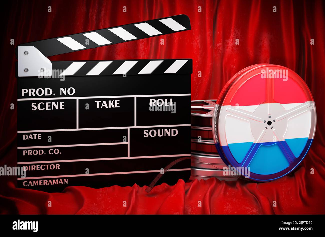 Luxemburgische Kinematographie, Filmindustrie, Kino in Luxemburg, Konzept. Spanplatte mit und Filmrollen auf dem roten Stoff, 3D Rendering Stockfoto