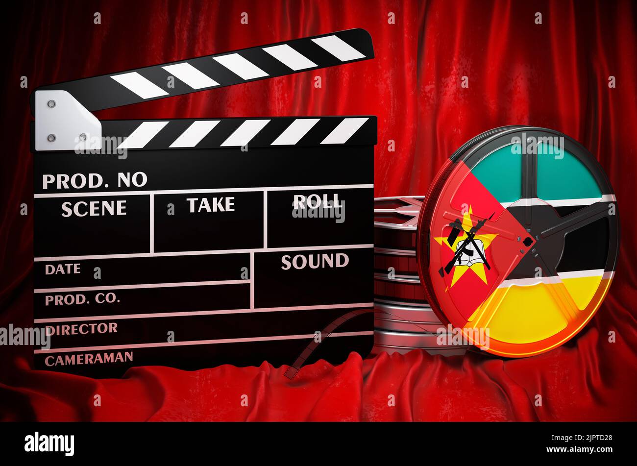 Mosambikanische Kinematographie, Filmindustrie, Kino in Mosambik, Konzept. Spanplatte mit und Filmrollen auf dem roten Stoff, 3D Rendering Stockfoto