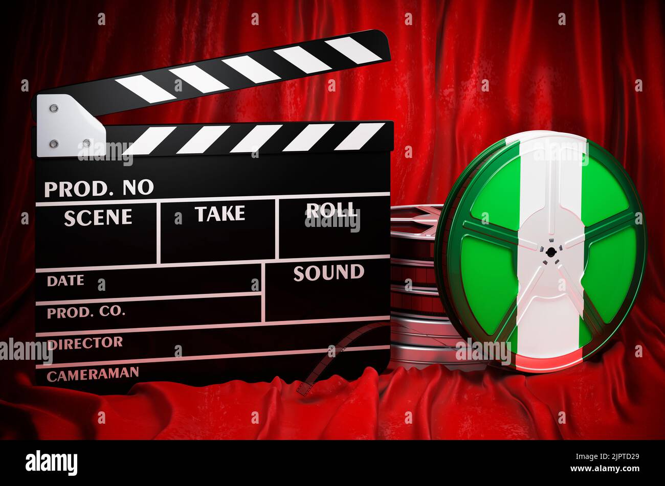 Nigerianische Kinematographie, Filmindustrie, Kino in Nigeria, Konzept. Spanplatte mit und Filmrollen auf dem roten Stoff, 3D Rendering Stockfoto