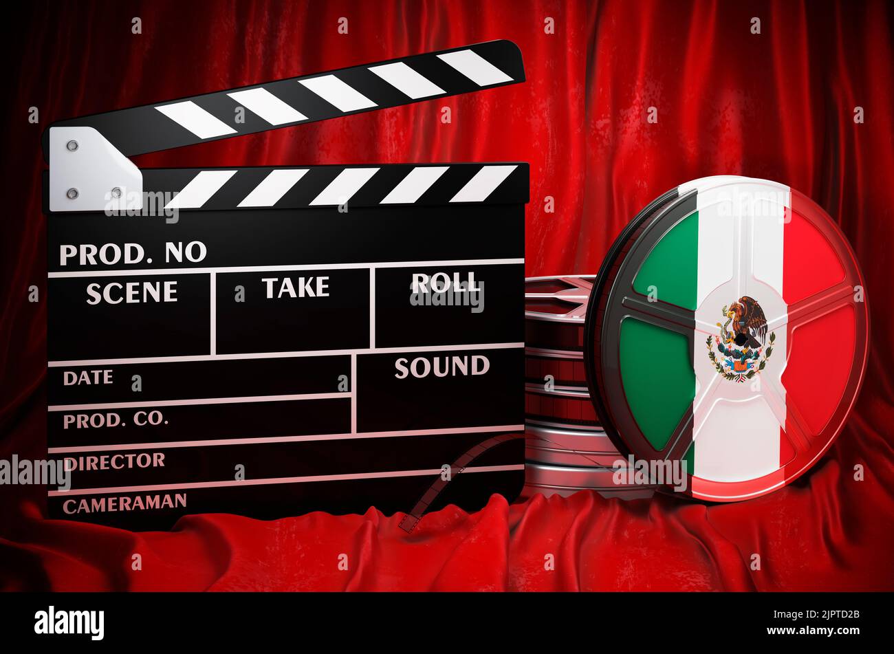 Mexikanische Kinematographie, Filmindustrie, Kino in Mexiko, Konzept. Spanplatte mit und Filmrollen auf dem roten Stoff, 3D Rendering Stockfoto