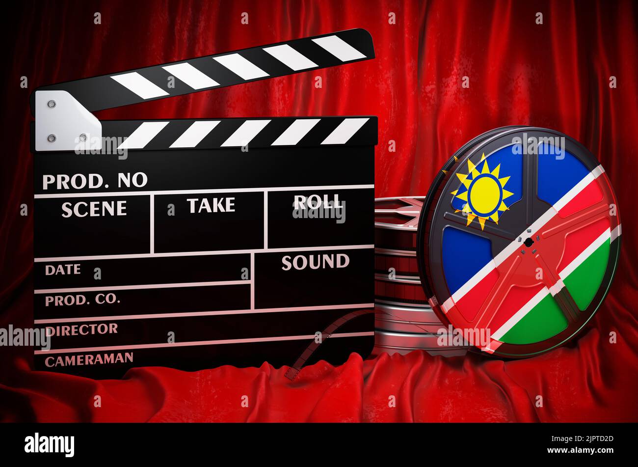 Namibische Kinematographie, Filmindustrie, Kino in Namibia, Konzept. Spanplatte mit und Filmrollen auf dem roten Stoff, 3D Rendering Stockfoto