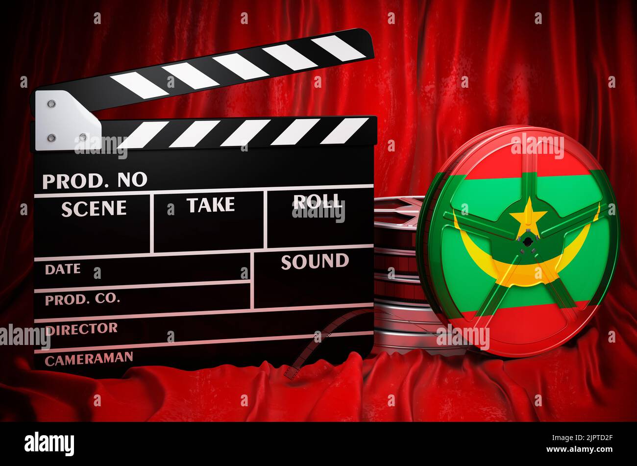 Mauretanische Kinematographie, Filmindustrie, Kino in Mauretanien, Konzept. Spanplatte mit und Filmrollen auf dem roten Stoff, 3D Rendering Stockfoto