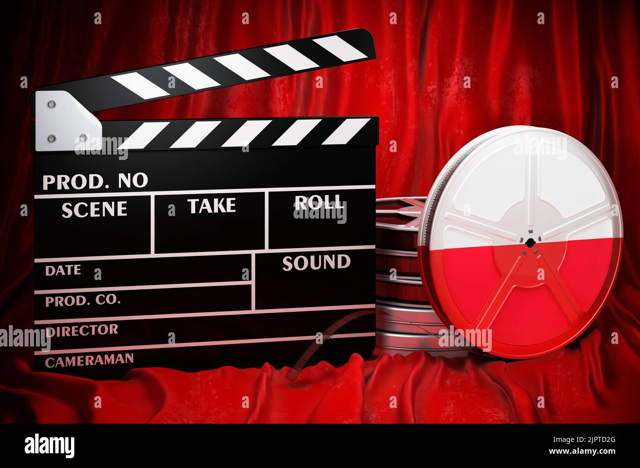 Polnische Kinematographie, Filmindustrie, Kino in Polen, Konzept. Spanplatte mit und Filmrollen auf dem roten Stoff, 3D Rendering Stockfoto