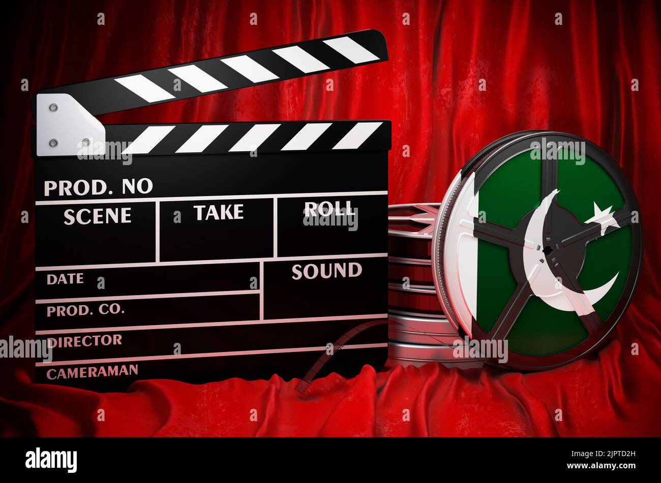 Pakistanische Kinematographie, Filmindustrie, Kino in Pakistan, Konzept. Spanplatte mit und Filmrollen auf dem roten Stoff, 3D Rendering Stockfoto