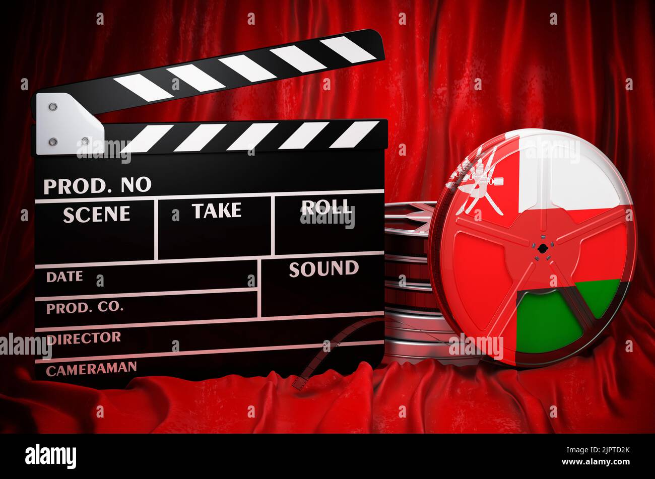 Omanische Kinematographie, Filmindustrie, Kino im Oman, Konzept. Spanplatte mit und Filmrollen auf dem roten Stoff, 3D Rendering Stockfoto