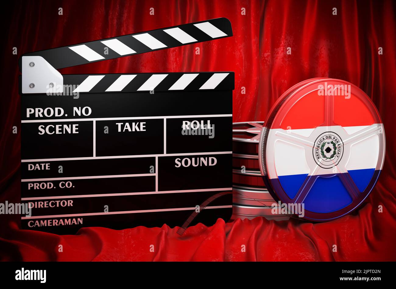Paraguayische Kinematographie, Filmindustrie, Kino in Paraguay, Konzept. Spanplatte mit und Filmrollen auf dem roten Stoff, 3D Rendering Stockfoto