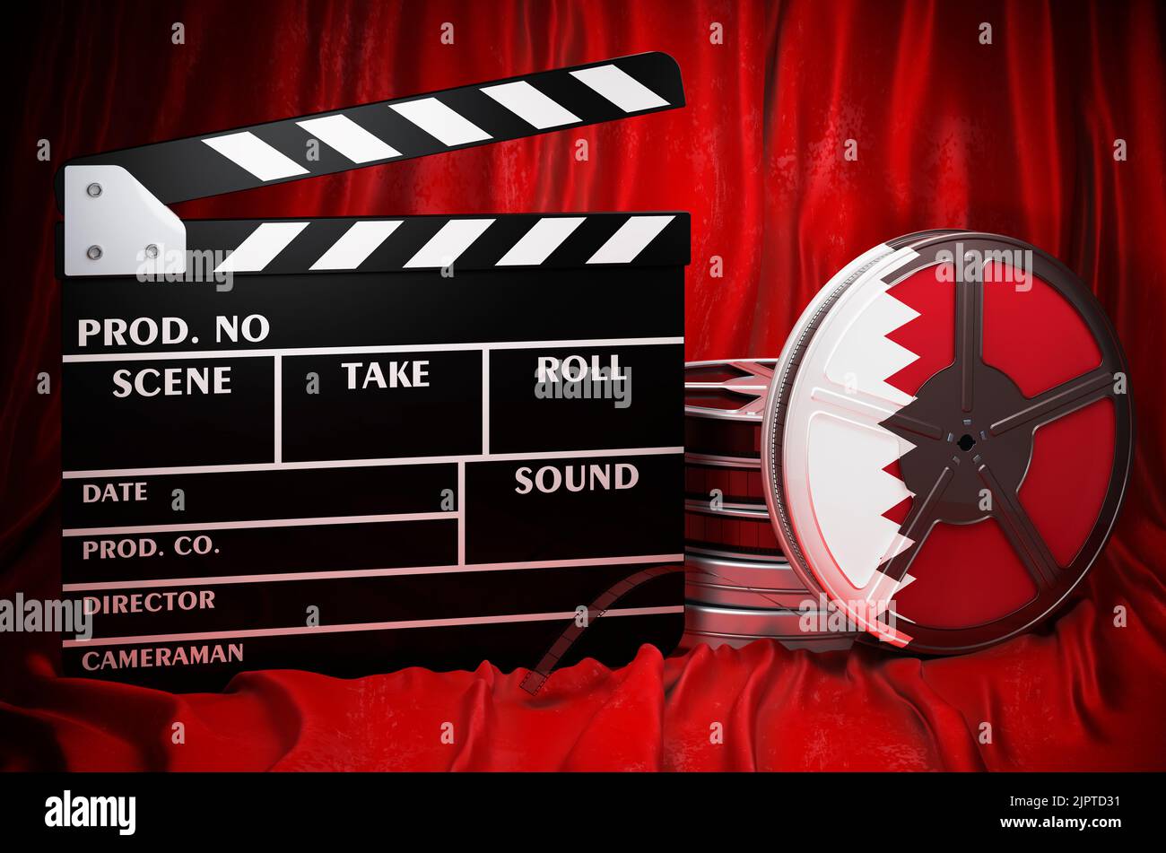Katarische Kinematographie, Filmindustrie, Kino in Katar, Konzept. Spanplatte mit und Filmrollen auf dem roten Stoff, 3D Rendering Stockfoto