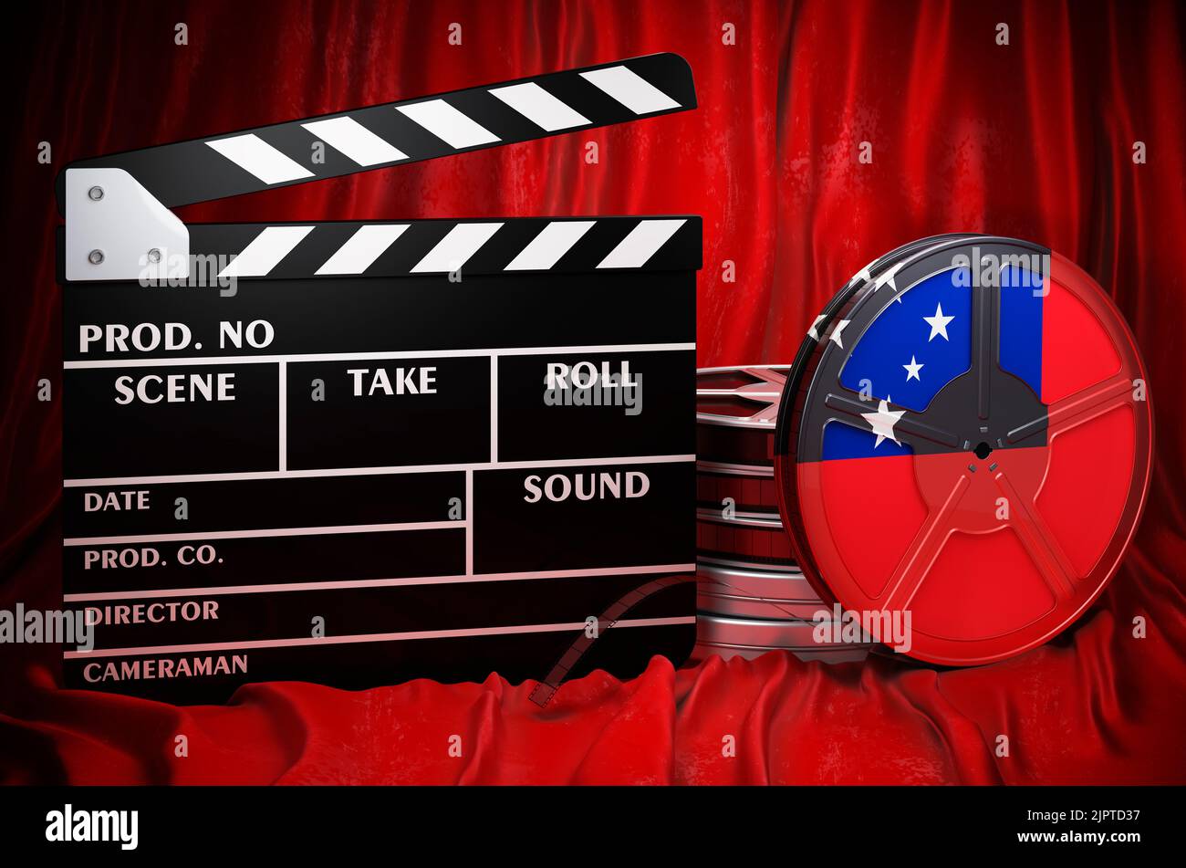 Samoanische Kinematographie, Filmindustrie, Kino in Samoa, Konzept. Spanplatte mit und Filmrollen auf dem roten Stoff, 3D Rendering Stockfoto