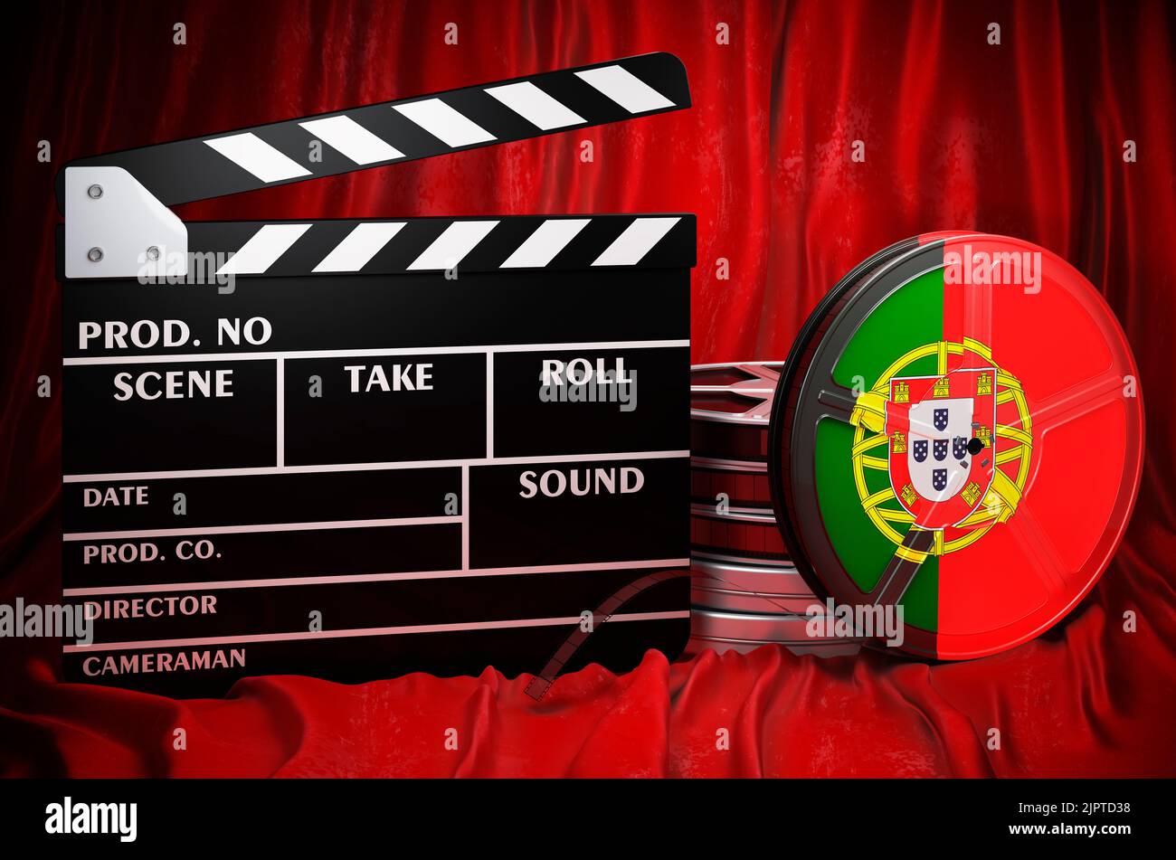 Portugiesische Kinematographie, Filmindustrie, Kino in Portugal, Konzept. Spanplatte mit und Filmrollen auf dem roten Stoff, 3D Rendering Stockfoto