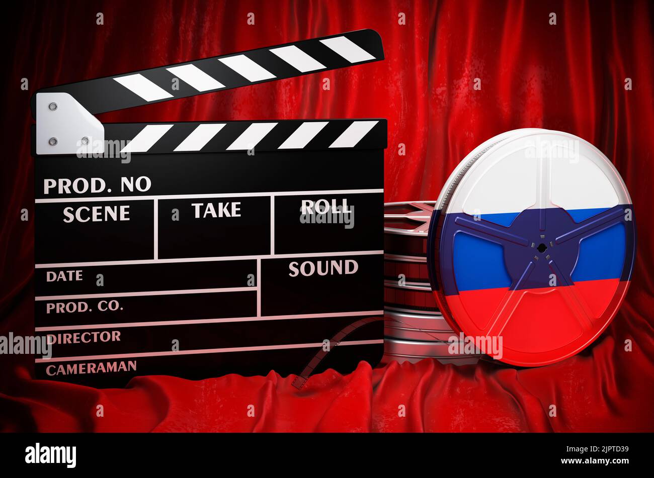 Russische Kinematographie, Filmindustrie, Kino in Russland, Konzept. Spanplatte mit und Filmrollen auf dem roten Stoff, 3D Rendering Stockfoto