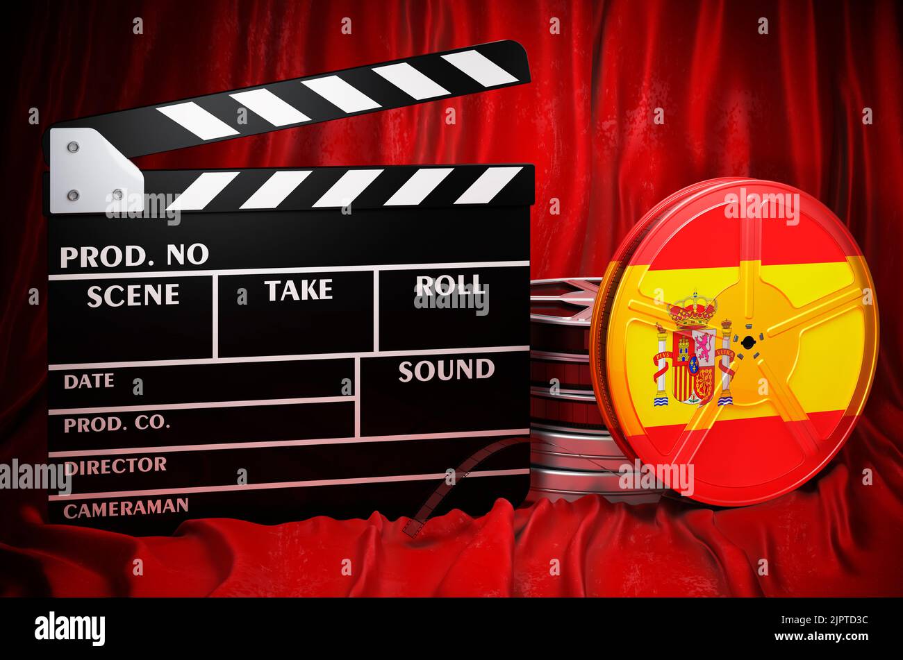 Spanische Kinematographie, Filmindustrie, Kino in Spanien, Konzept. Spanplatte mit und Filmrollen auf dem roten Stoff, 3D Rendering Stockfoto