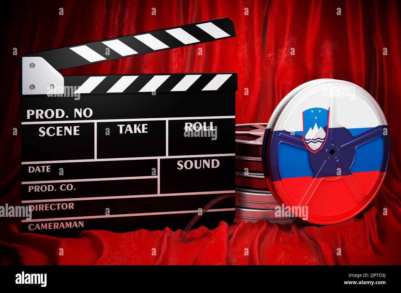 Slowenische Kinematographie, Filmindustrie, Kino in Slowenien, Konzept. Spanplatte mit und Filmrollen auf dem roten Stoff, 3D Rendering Stockfoto