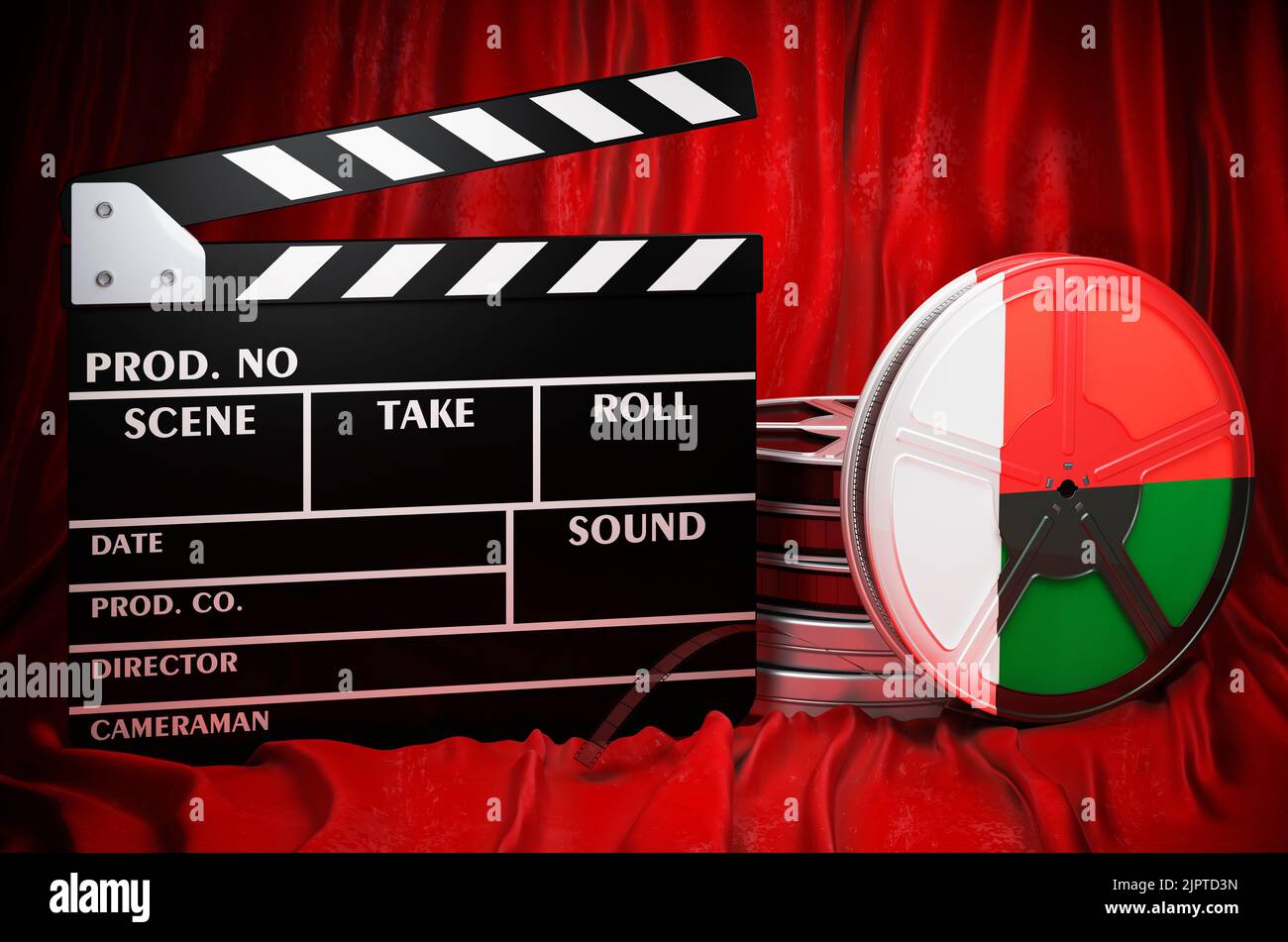 Madagaskar Kinematographie, Filmindustrie, Kino in Madagaskar, Konzept. Spanplatte mit und Filmrollen auf dem roten Stoff, 3D Rendering Stockfoto