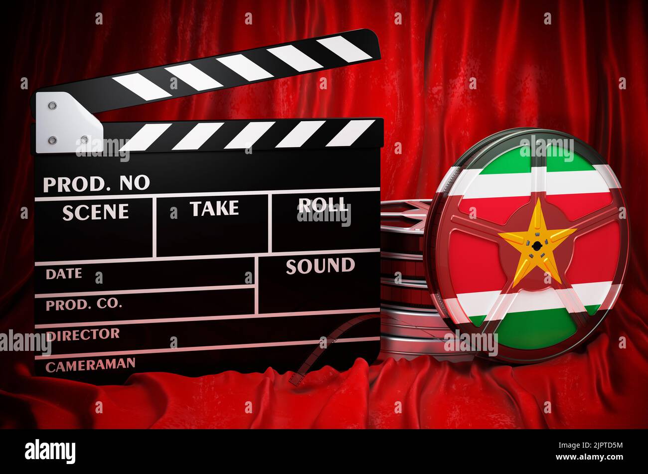 Surinamische Kinematographie, Filmindustrie, Kino in Surinam, Konzept. Spanplatte mit und Filmrollen auf dem roten Stoff, 3D Rendering Stockfoto