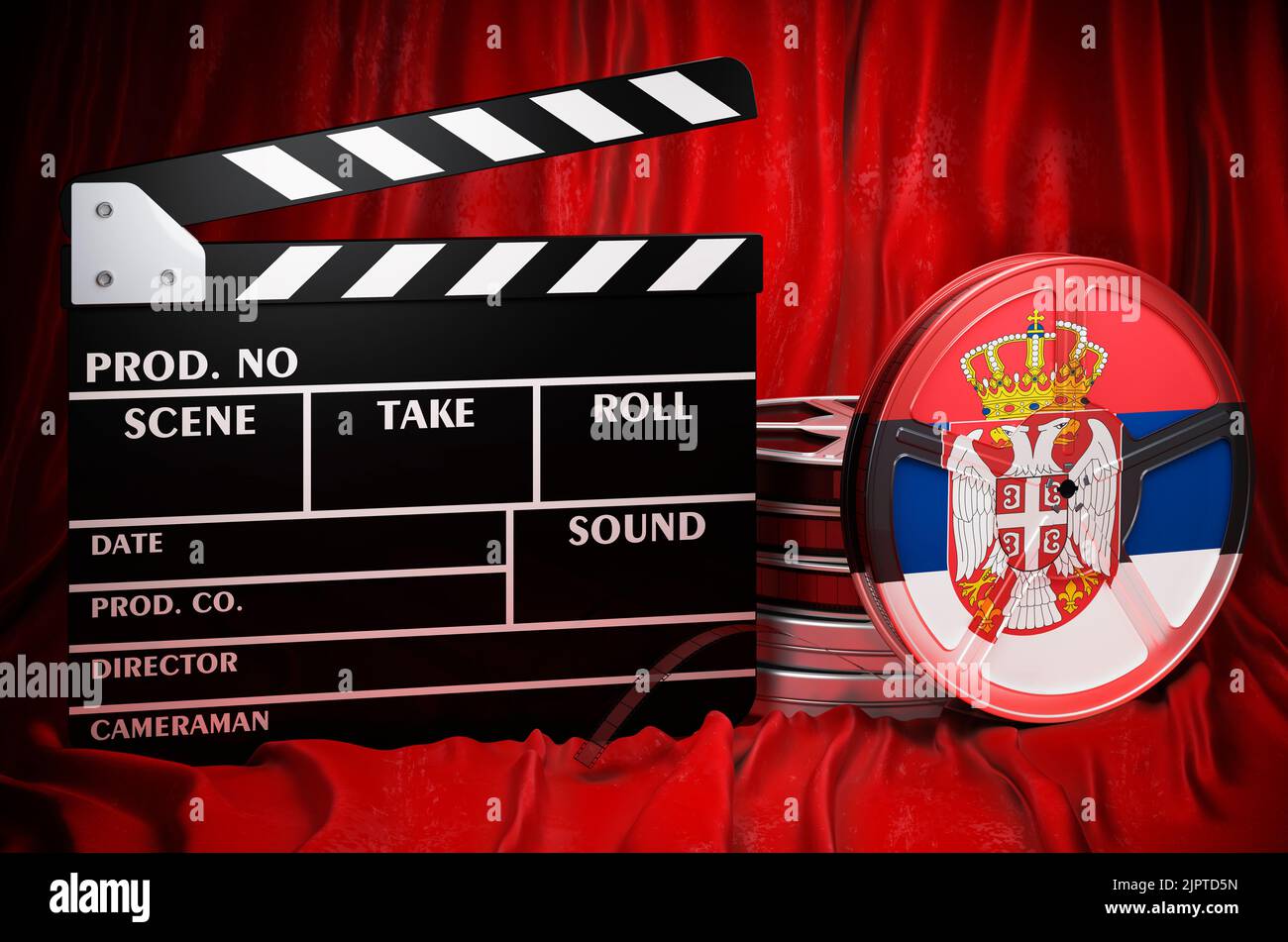 Serbische Kinematographie, Filmindustrie, Kino in Serbien, Konzept. Spanplatte mit und Filmrollen auf dem roten Stoff, 3D Rendering Stockfoto