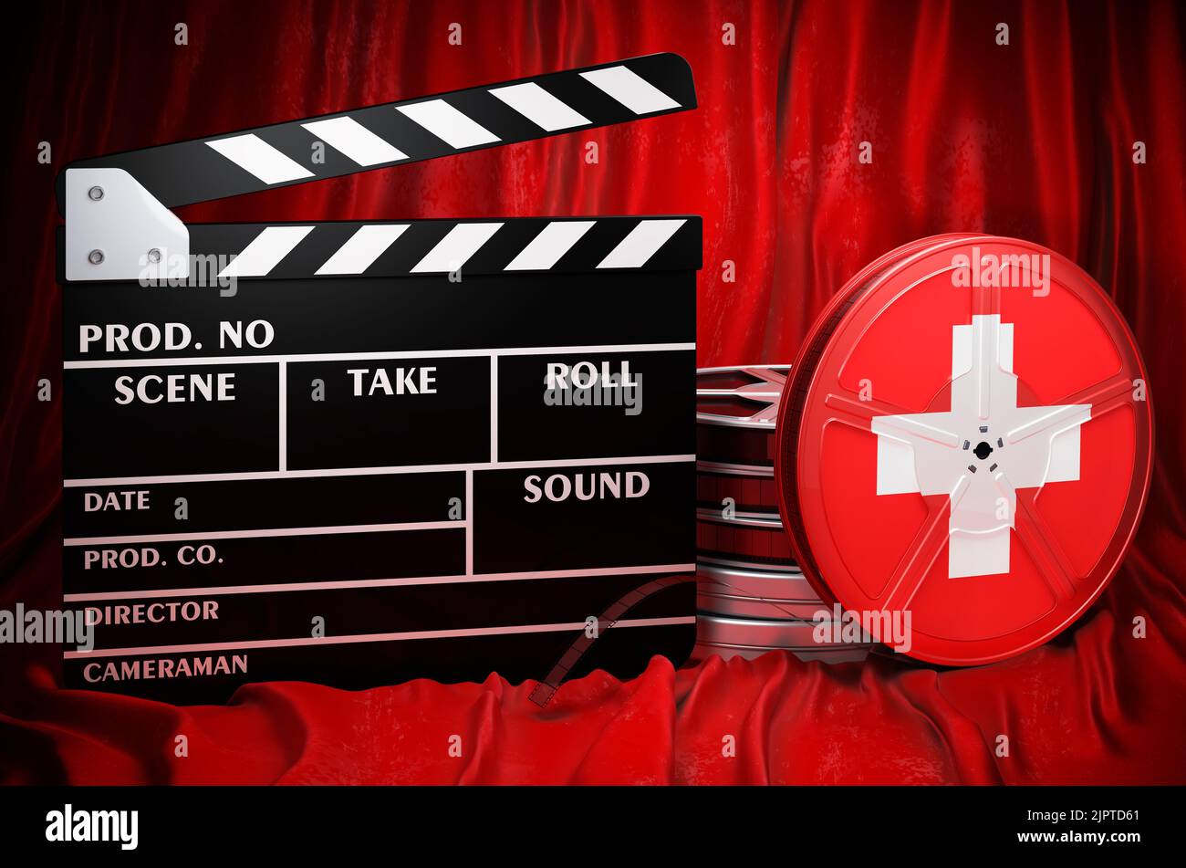 Schweizer Kinematographie, Filmindustrie, Kino in der Schweiz, Konzept. Spanplatte mit und Filmrollen auf dem roten Stoff, 3D Rendering Stockfoto