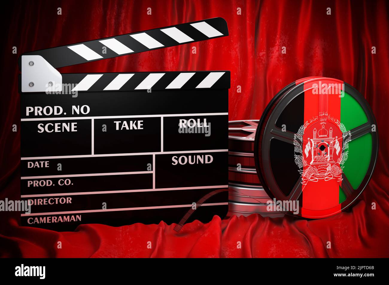 Afghanische Kinematographie, Filmindustrie, Kino in Afghanistan, Konzept. Spanplatte mit und Filmrollen auf dem roten Stoff, 3D Rendering Stockfoto