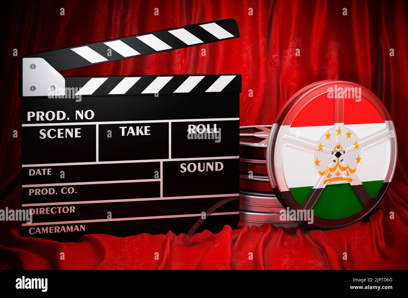 Tadschikische Kinematographie, Filmindustrie, Kino in Tadschikistan, Konzept. Spanplatte mit und Filmrollen auf dem roten Stoff, 3D Rendering Stockfoto