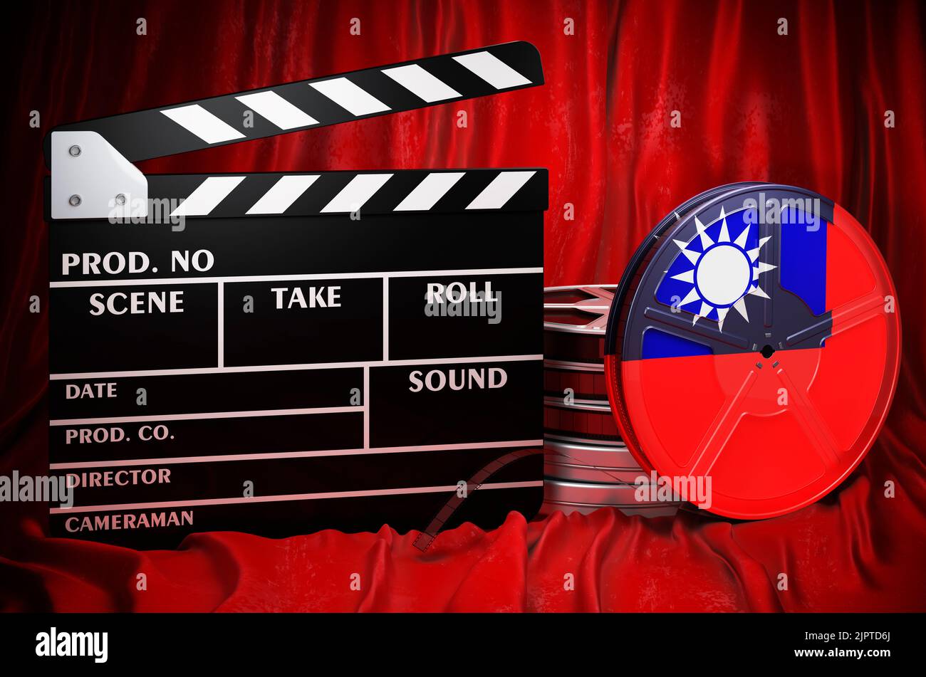 Taiwanesische Kinematographie, Filmindustrie, Kino in Taiwan, Konzept. Spanplatte mit und Filmrollen auf dem roten Stoff, 3D Rendering Stockfoto