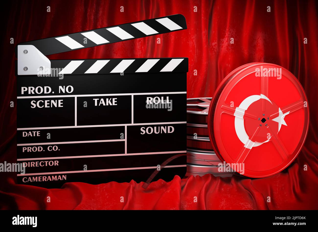Türkische Kinematographie, Filmindustrie, Kino in der Türkei, Konzept. Spanplatte mit und Filmrollen auf dem roten Stoff, 3D Rendering Stockfoto