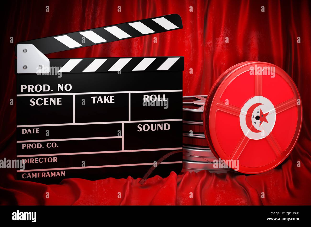 Tunesische Kinematographie, Filmindustrie, Kino in Tunesien, Konzept. Spanplatte mit und Filmrollen auf dem roten Stoff, 3D Rendering Stockfoto