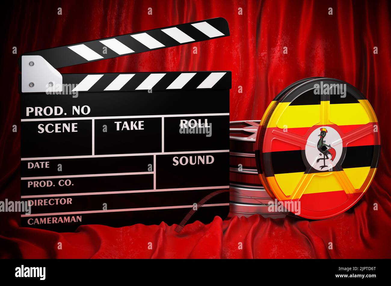 Ugandische Kinematographie, Filmindustrie, Kino in Uganda, Konzept. Spanplatte mit und Filmrollen auf dem roten Stoff, 3D Rendering Stockfoto