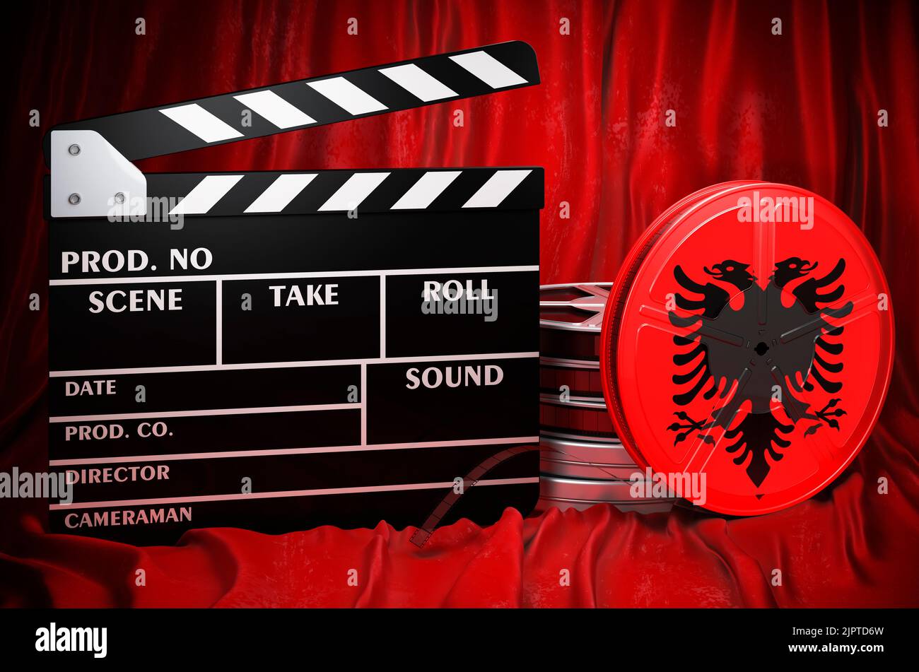 Albanische Kinematographie, Filmindustrie, Kino in Albanien, Konzept. Spanplatte mit und Filmrollen auf dem roten Stoff, 3D Rendering Stockfoto