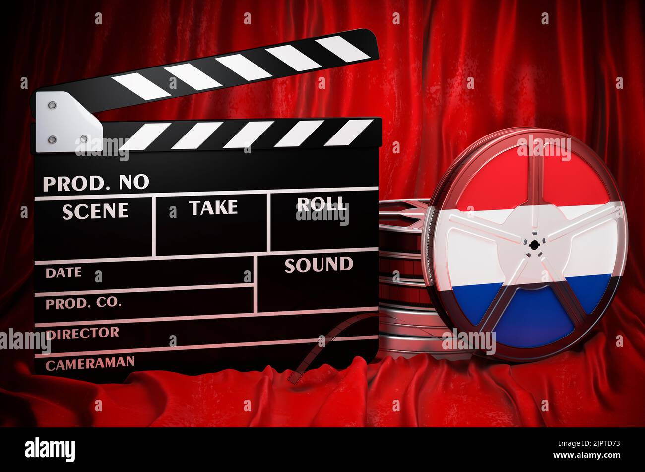 Die Niederlande Kinematographie, Filmindustrie, Kino in den Niederlanden, Konzept. Spanplatte mit und Filmrollen auf dem roten Stoff, 3D Rendering Stockfoto