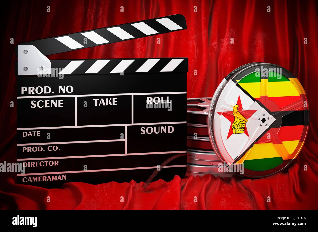 Simbabwische Kinematographie, Filmindustrie, Kino in Simbabwe, Konzept. Spanplatte mit und Filmrollen auf dem roten Stoff, 3D Rendering Stockfoto