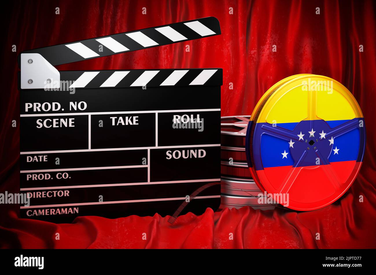 Venezolanische Kinematographie, Filmindustrie, Kino in Venezuela, Konzept. Spanplatte mit und Filmrollen auf dem roten Stoff, 3D Rendering Stockfoto