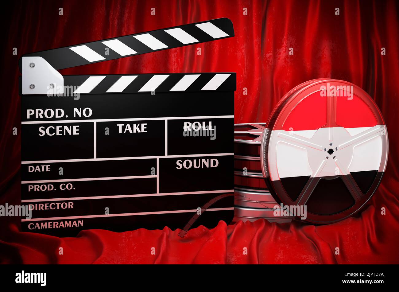 Jemenitische Kinematographie, Filmindustrie, Kino im Jemen, Konzept. Spanplatte mit und Filmrollen auf dem roten Stoff, 3D Rendering Stockfoto