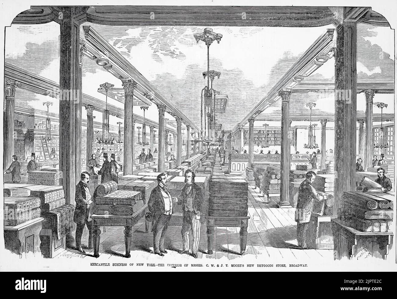 Mercantile Business of New York - das Innere des neuen Trockenwarenladens von C. W. und J. T. Moore, Broadway, New York (1860). 19.. Jahrhundert Illustration aus Frank Leslie's Illustrated Newspaper Stockfoto