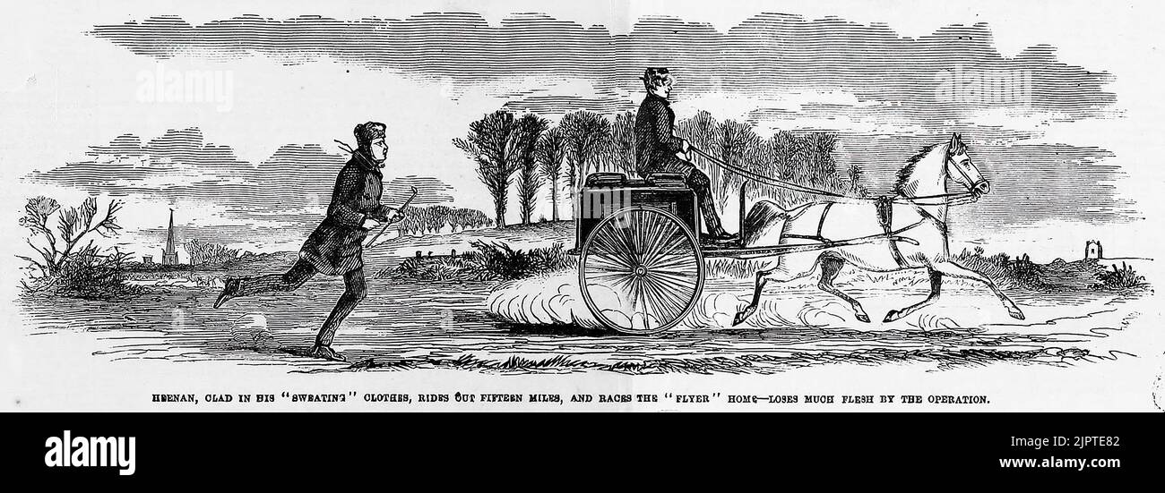 John C. Heenan, bekleidet in seiner „schwüllenden“ Kleidung, fährt fünfzehn Meilen hinaus und rast den „Flieger“ nach Hause - verliert viel Fleisch durch die Operation. Vorbereitung auf den großen Kampf mit Tom Sayers um den Champion's Belt in England (1860). 19.. Jahrhundert Illustration aus Frank Leslie's Illustrated Newspaper Stockfoto